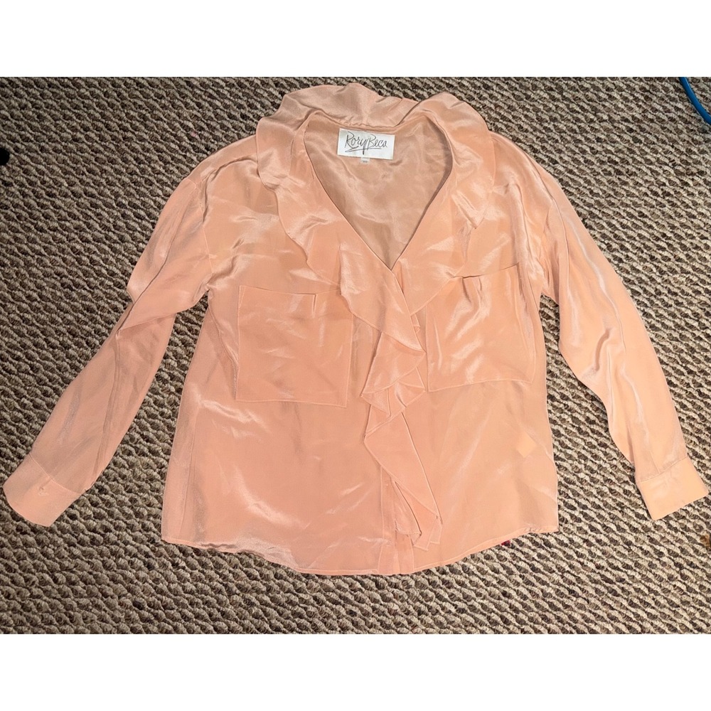 Rory Beca Peach 100% Silk Ruffle V-Neck Long Sleeve Blouse Top XS romantic boho